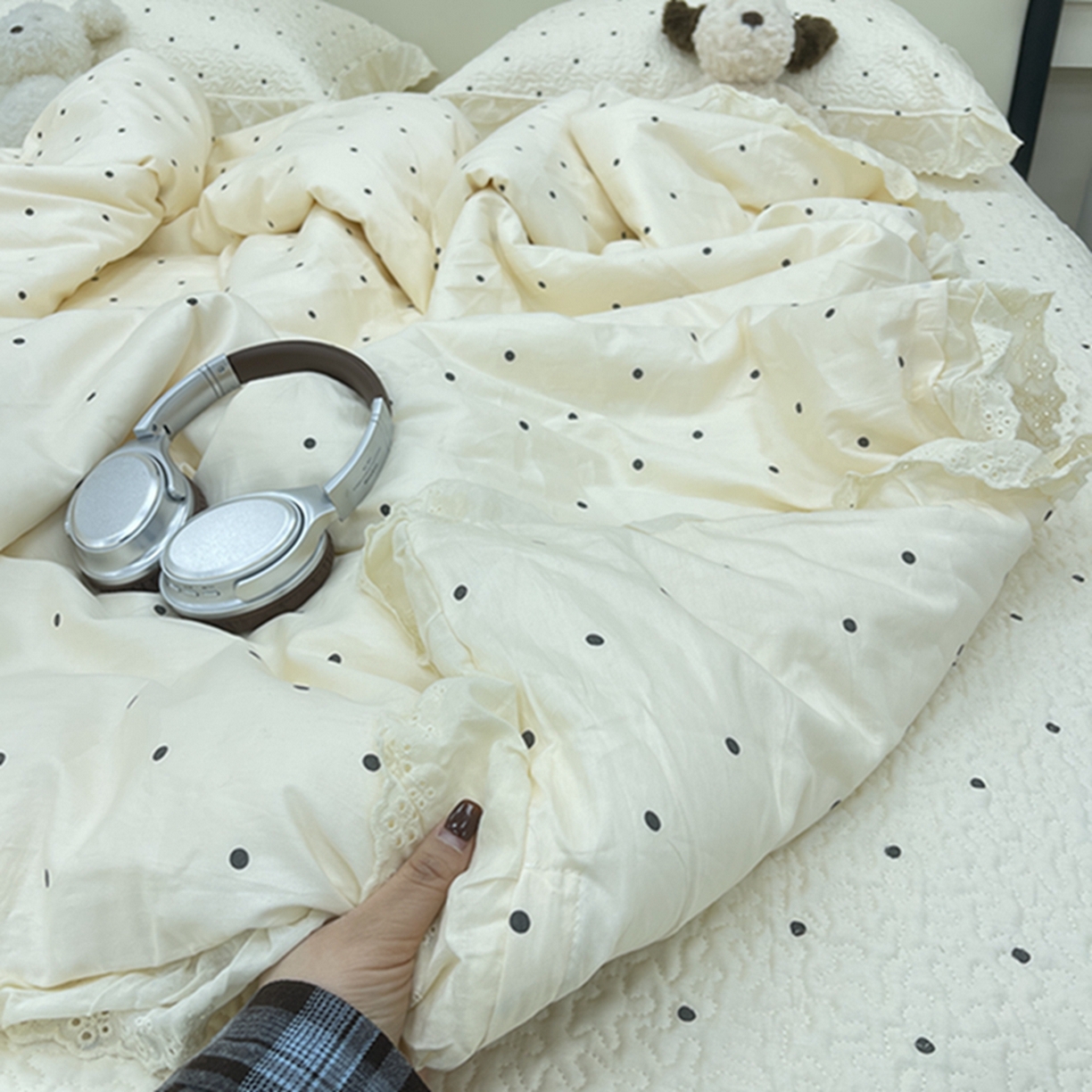 91家纺网 家纺一手货源 找家纺 禧瑞谷 2026新款法式纯棉床盖韩版花边床盖三件套四件套 奶茶波点