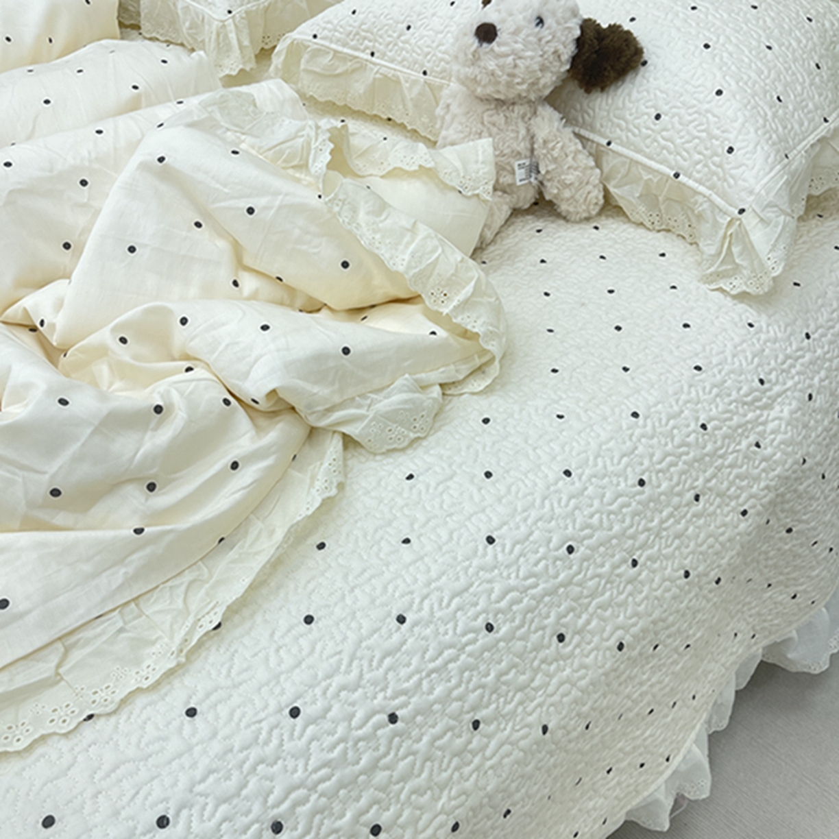 91家纺网 家纺一手货源 找家纺 禧瑞谷 2026新款法式纯棉床盖韩版花边床盖三件套四件套 奶茶波点