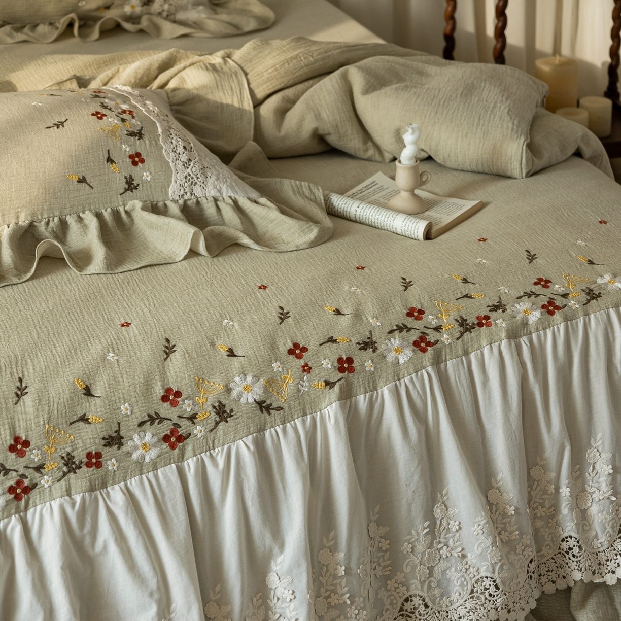 91家纺网 家纺一手货源 找家纺 觅糖家纺 2026春夏新款棉麻皱皱纱布毛巾绣四件套-清欢系列 清欢-绿