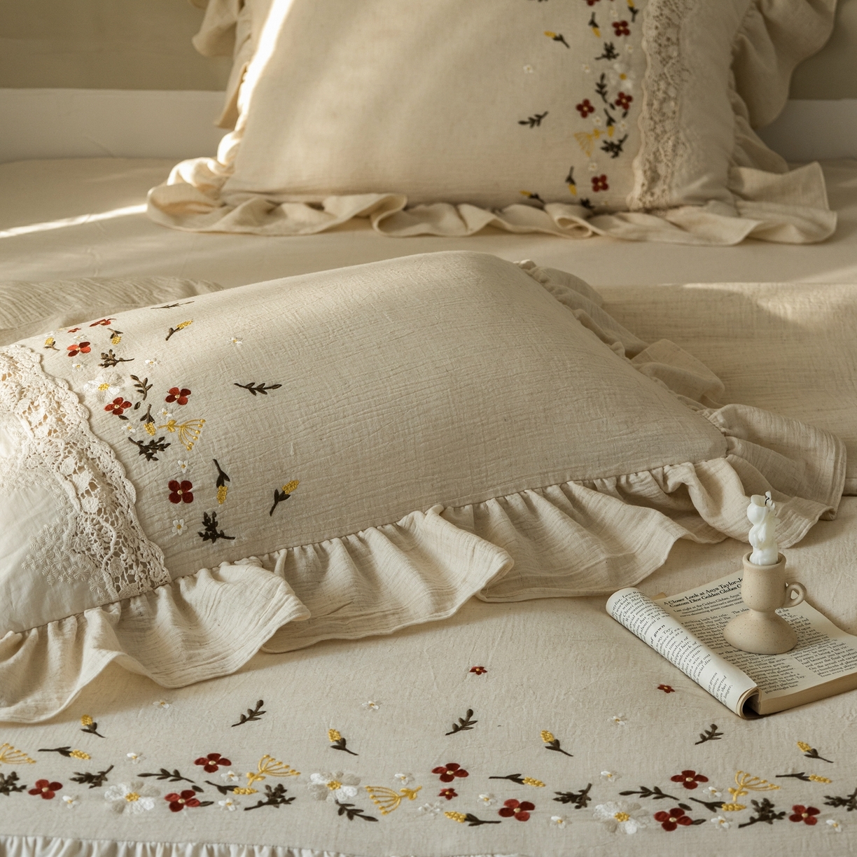 91家纺网 家纺一手货源 找家纺 觅糖家纺 2026春夏新款棉麻皱皱纱布毛巾绣四件套-清欢系列 清欢-米