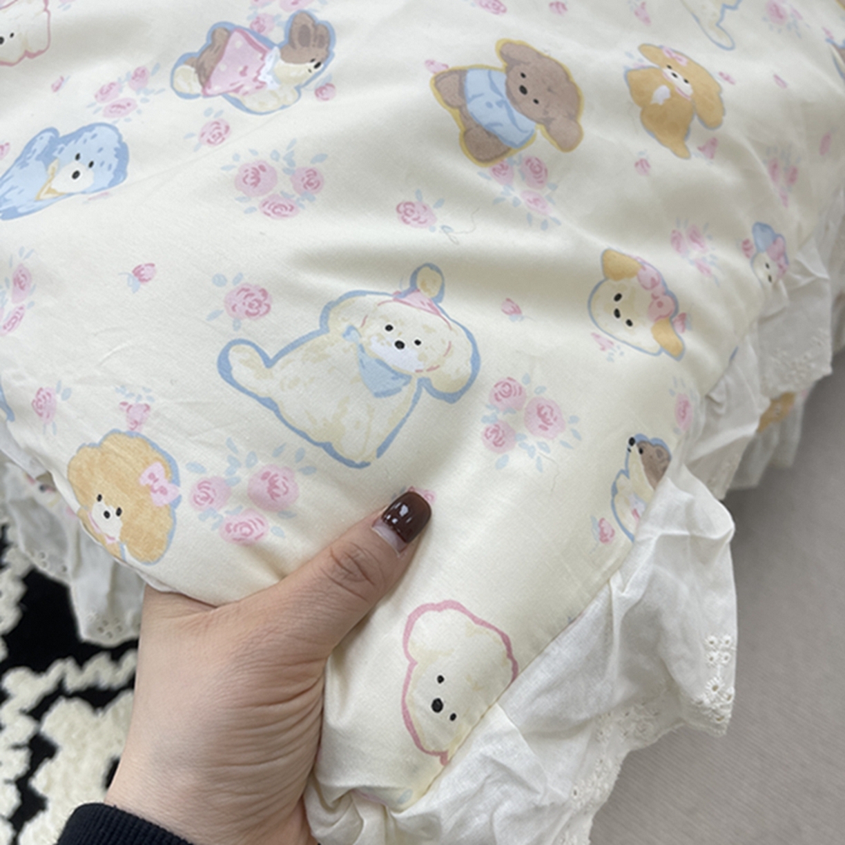 91家纺网 家纺一手货源 找家纺 禧瑞谷 2026新款法式纯棉床盖韩版花边床盖三件套四件套 奶油小狗