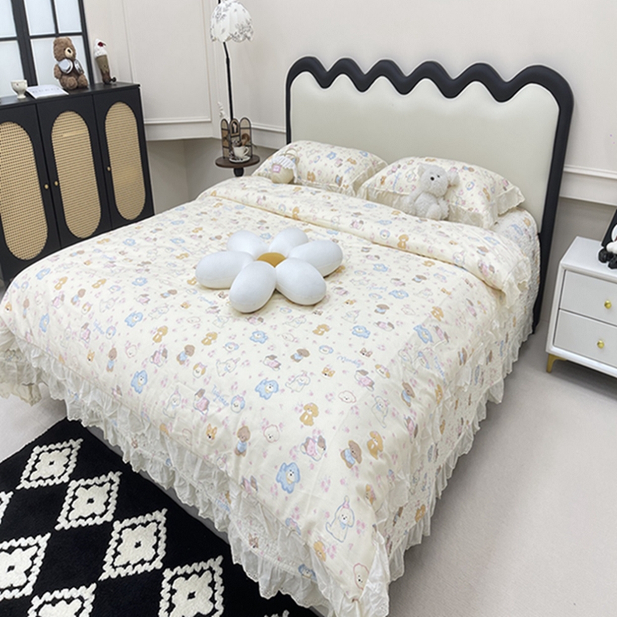 91家纺网 家纺一手货源 找家纺 禧瑞谷 2026新款法式纯棉床盖韩版花边床盖三件套四件套 奶油小狗