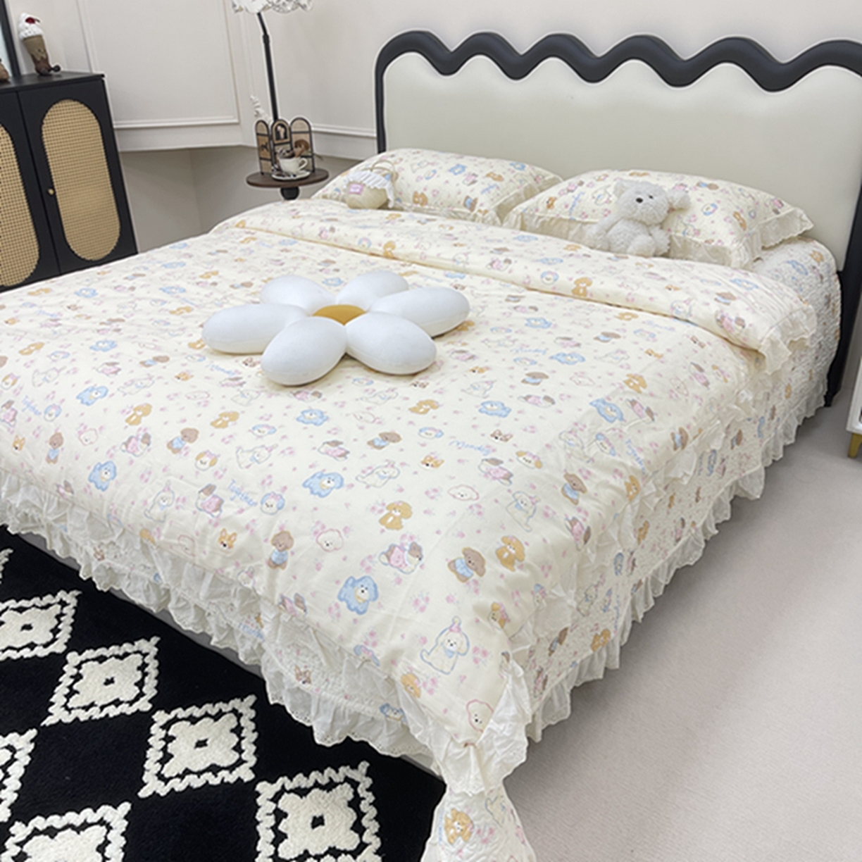 91家纺网 家纺一手货源 找家纺 禧瑞谷 2026新款法式纯棉床盖韩版花边床盖三件套四件套 奶油小狗