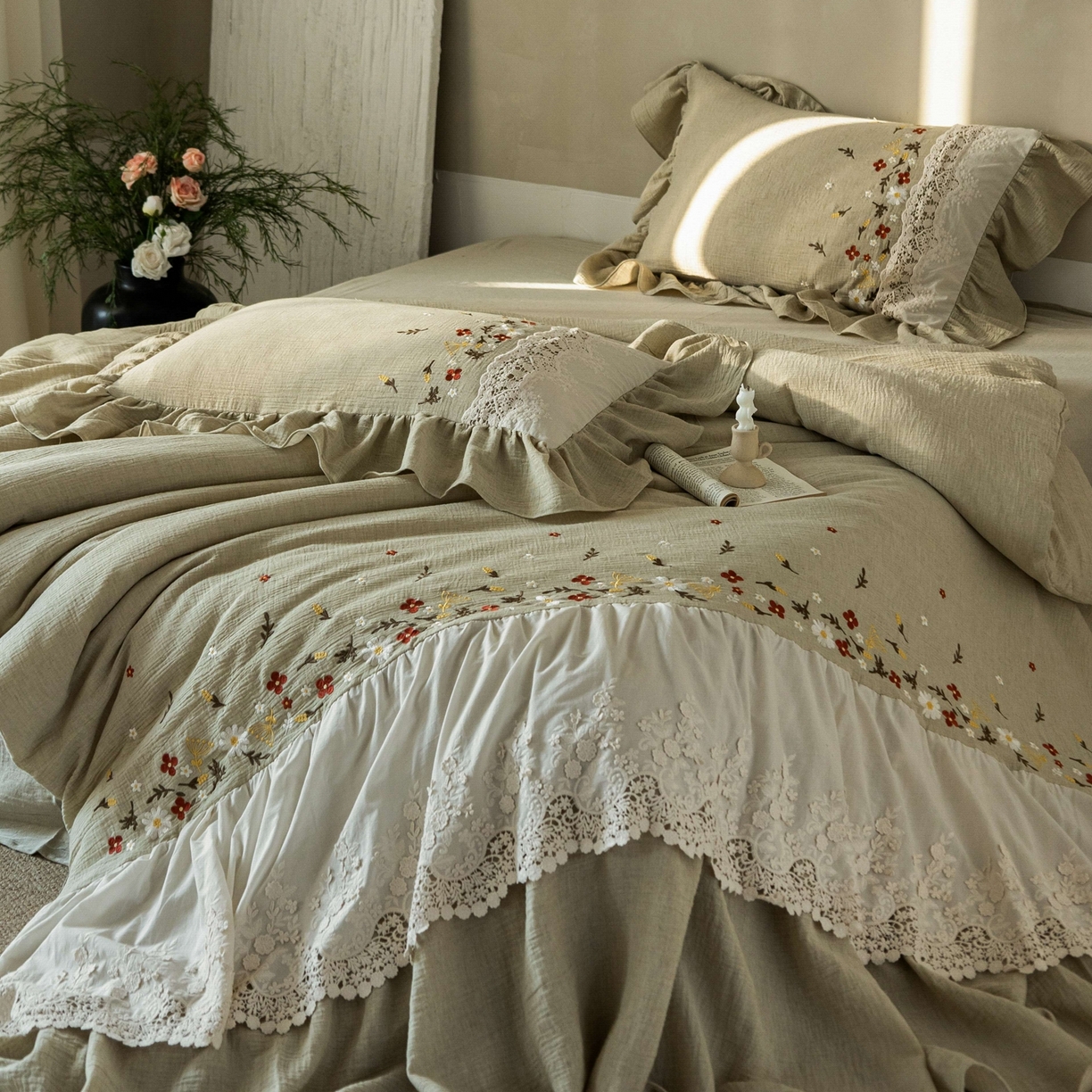 91家纺网 家纺一手货源 找家纺 （总）觅糖家纺 2026春夏新款棉麻皱皱纱布毛巾绣四件套-清欢系列