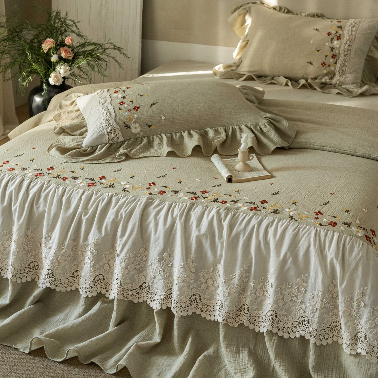 91家纺网 家纺一手货源 找家纺 觅糖家纺 2026春夏新款棉麻皱皱纱布毛巾绣四件套-清欢系列 清欢-绿