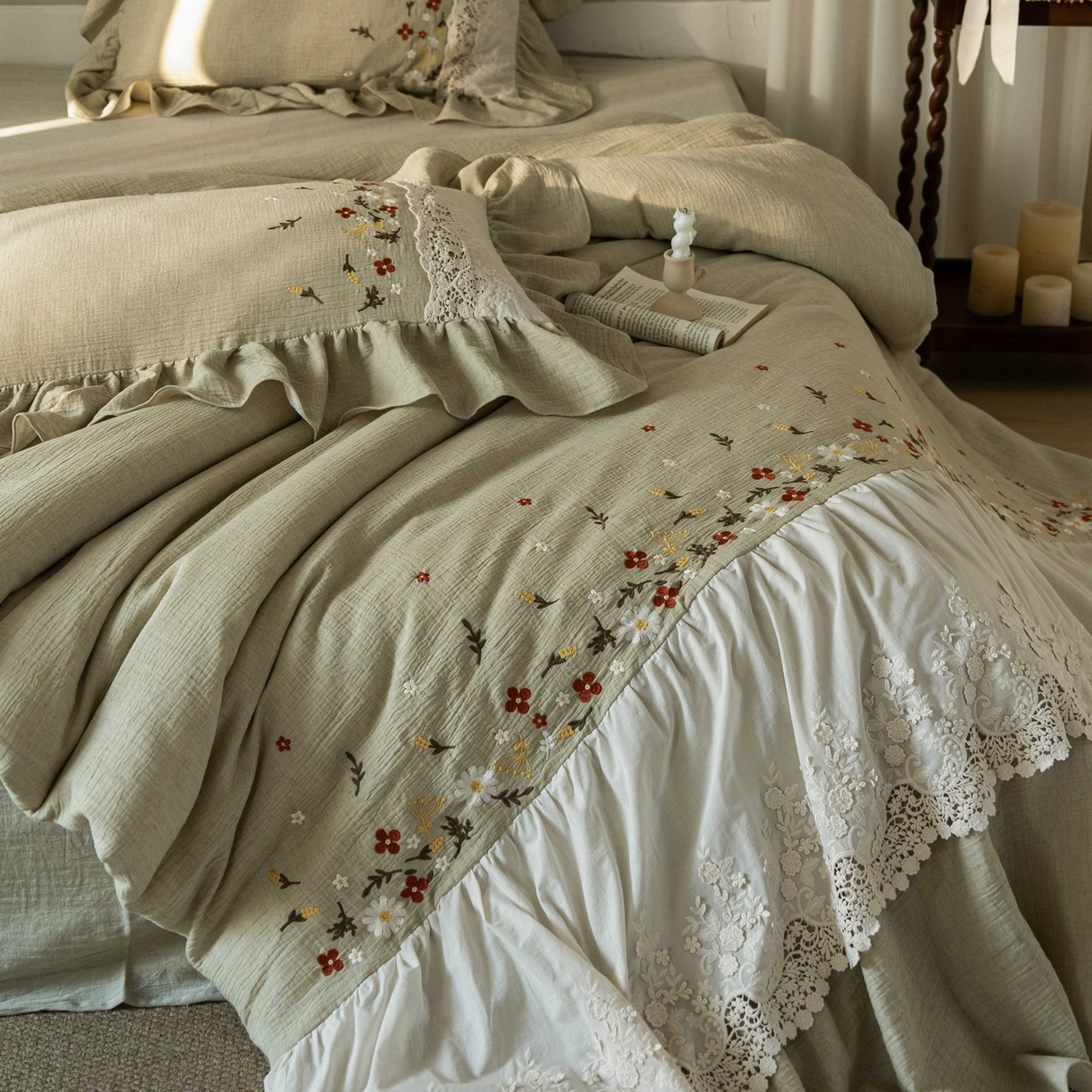 91家纺网 家纺一手货源 找家纺 （总）觅糖家纺 2026春夏新款棉麻皱皱纱布毛巾绣四件套-清欢系列