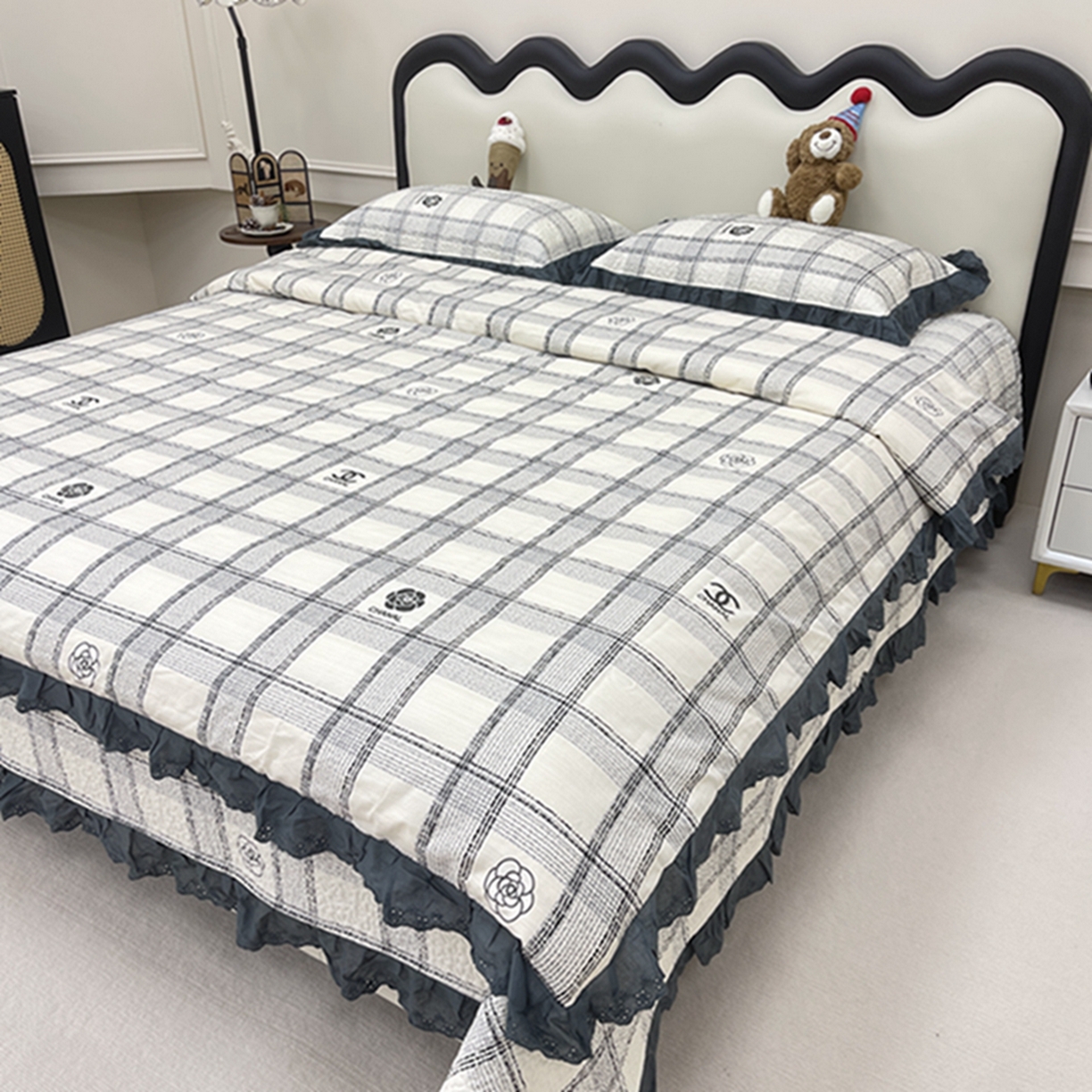 禧瑞谷 2026新款法式纯棉床盖韩版花边床盖三件套四件套 香香格子