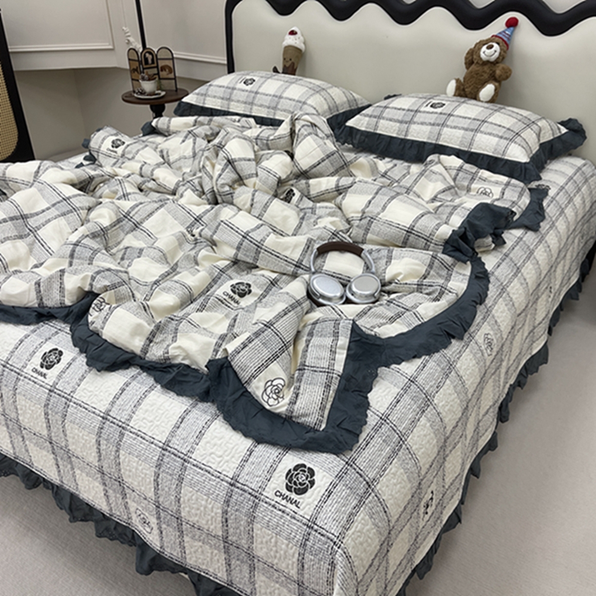 91家纺网 家纺一手货源 找家纺 禧瑞谷 2026新款法式纯棉床盖韩版花边床盖三件套四件套 香香格子