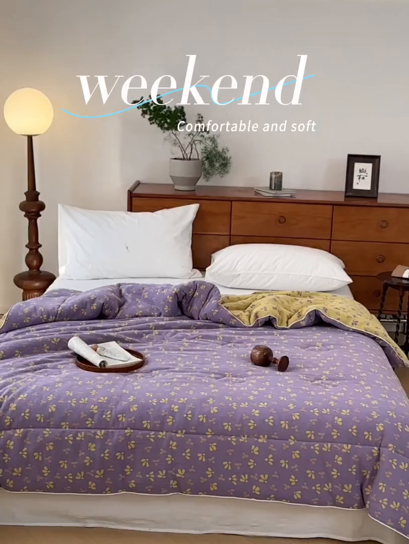 91家纺网 家纺一手货源 找家纺 睡棉坊 2026新款全棉色织提花双层纱夏被夏凉被空调被 诗画-紫