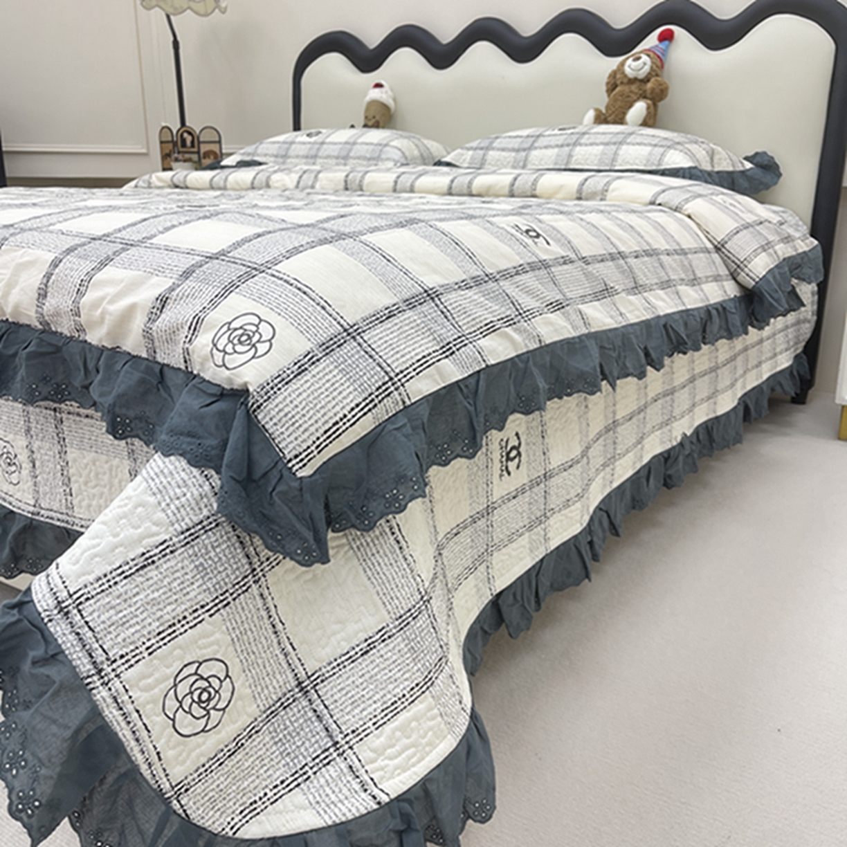 91家纺网 家纺一手货源 找家纺 禧瑞谷 2026新款法式纯棉床盖韩版花边床盖三件套四件套 香香格子