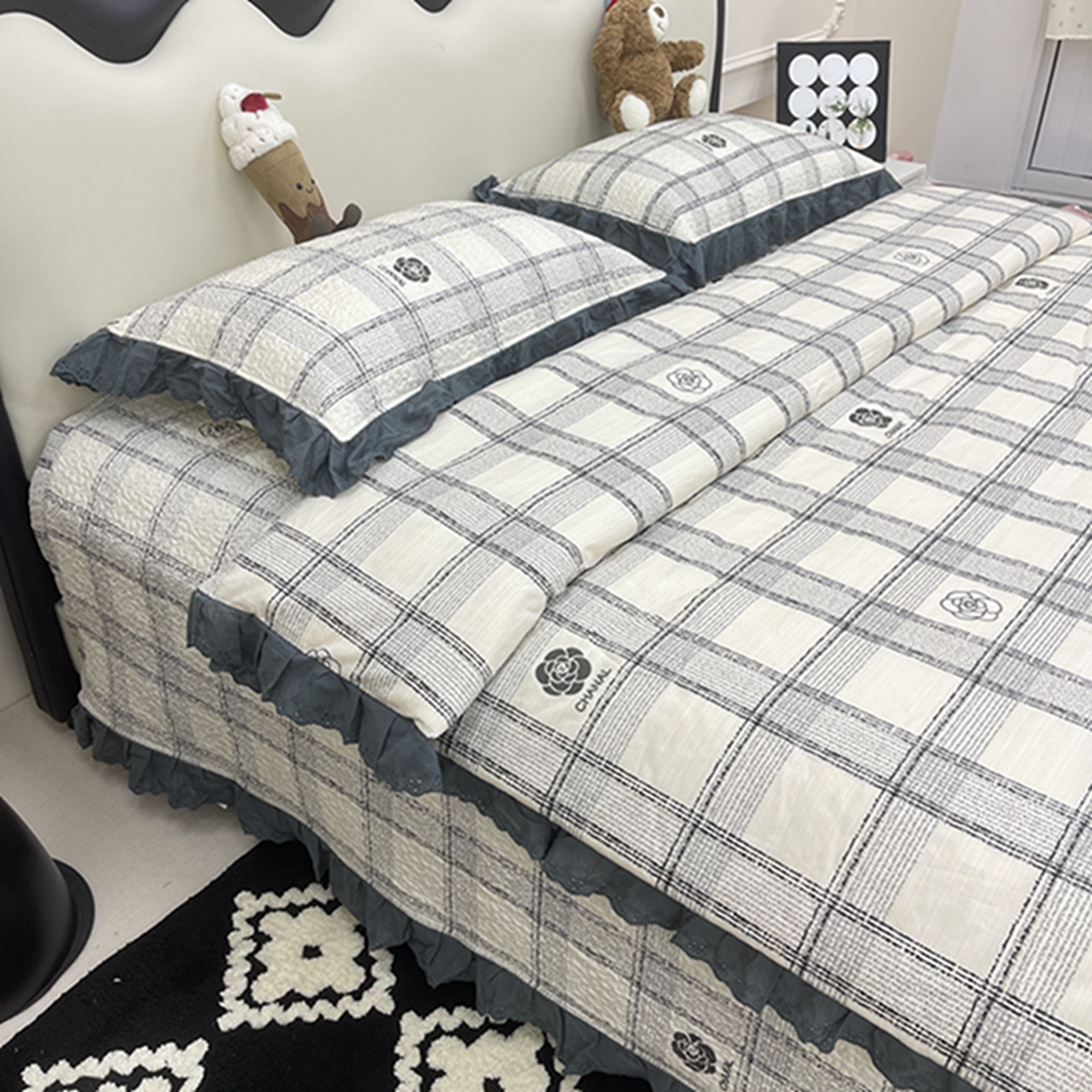 91家纺网 家纺一手货源 找家纺 禧瑞谷 2026新款法式纯棉床盖韩版花边床盖三件套四件套 香香格子