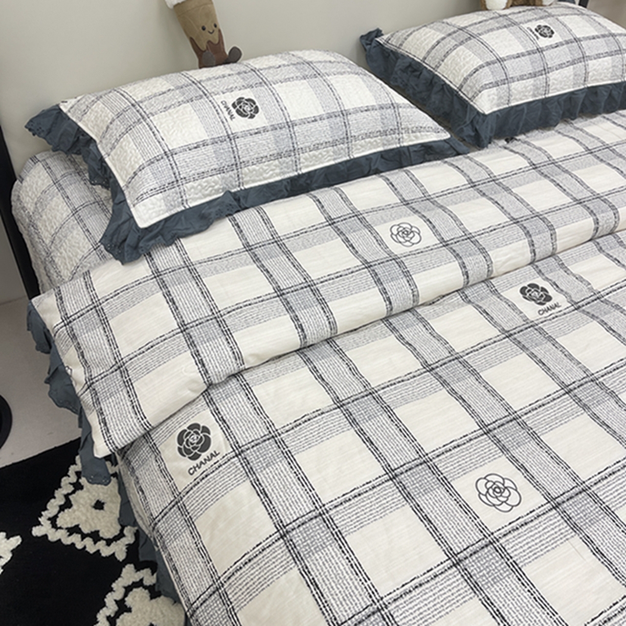 91家纺网 家纺一手货源 找家纺 禧瑞谷 2026新款法式纯棉床盖韩版花边床盖三件套四件套 香香格子