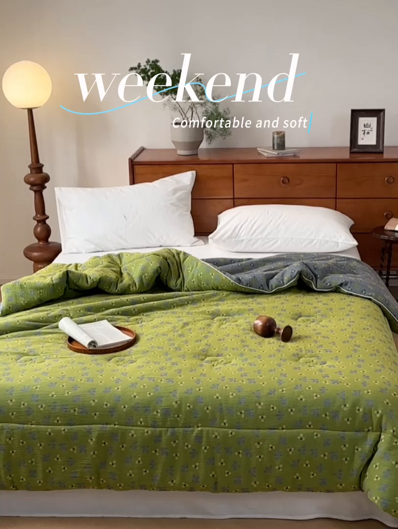 91家纺网 家纺一手货源 找家纺 睡棉坊 2026新款全棉色织提花双层纱夏被夏凉被空调被 诗画-绿