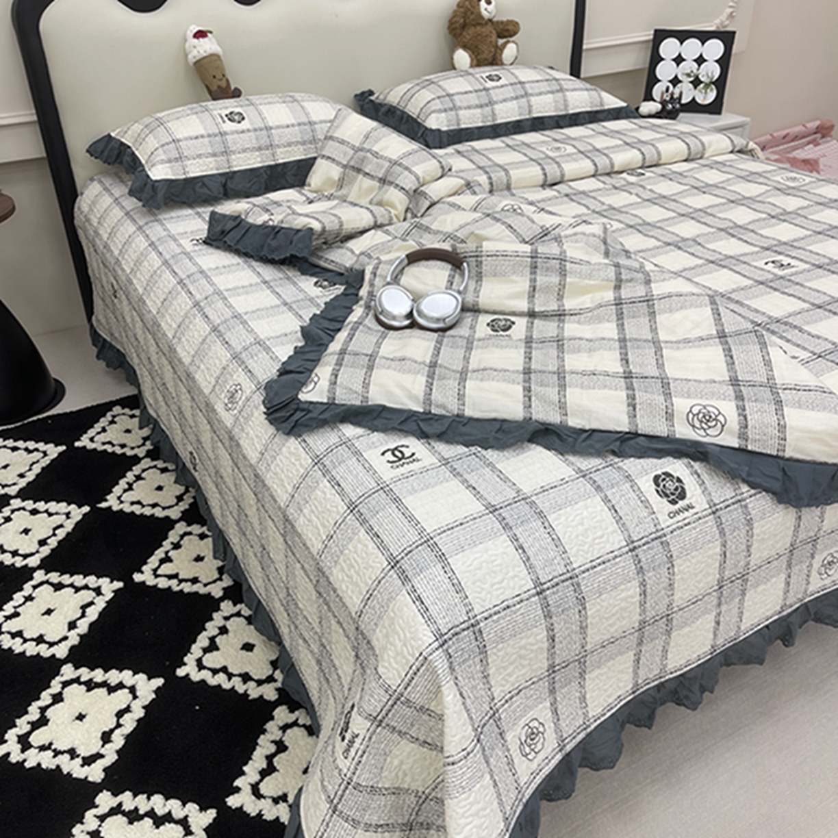 91家纺网 家纺一手货源 找家纺 禧瑞谷 2026新款法式纯棉床盖韩版花边床盖三件套四件套 香香格子