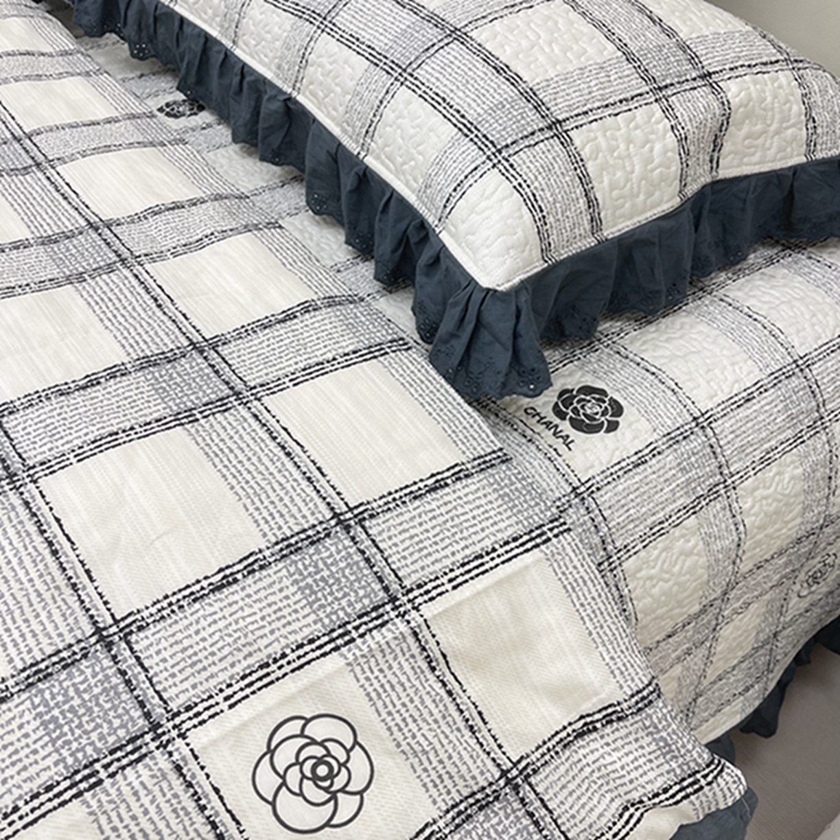 91家纺网 家纺一手货源 找家纺 禧瑞谷 2026新款法式纯棉床盖韩版花边床盖三件套四件套 香香格子