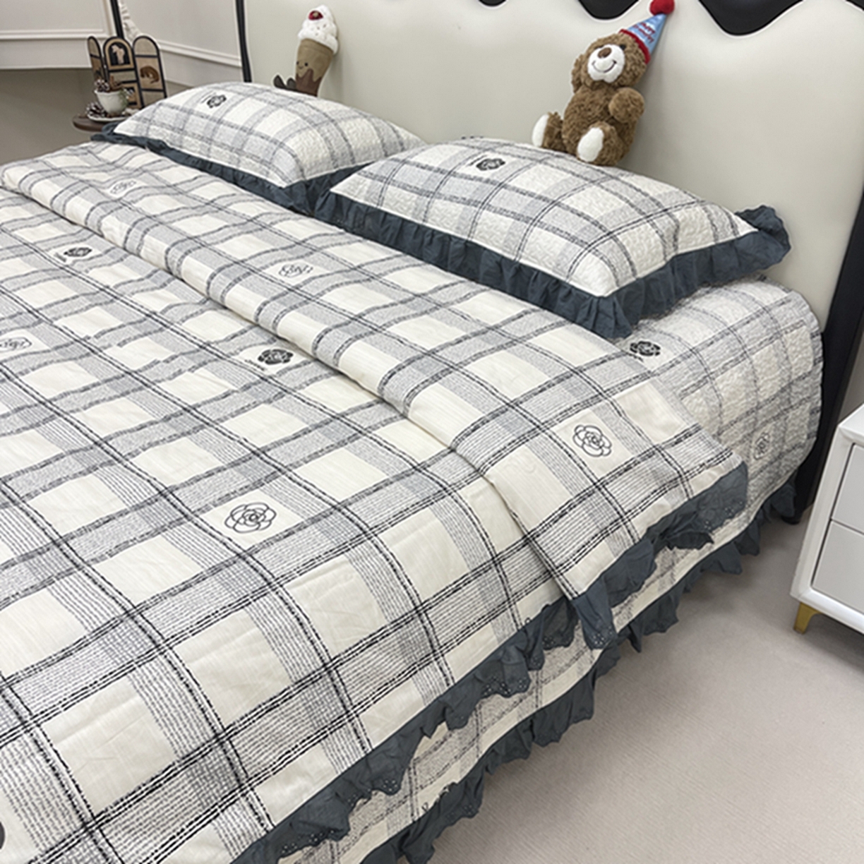 91家纺网 家纺一手货源 找家纺 禧瑞谷 2026新款法式纯棉床盖韩版花边床盖三件套四件套 香香格子