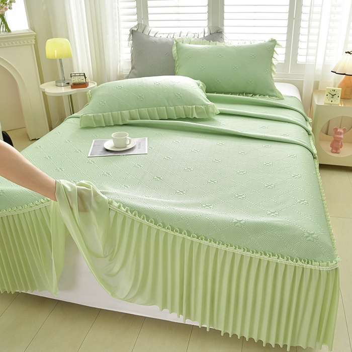 91家纺网 家纺一手货源 找家纺 畅畅家纺 2026春夏新款聚乙烯中分子凉感冰感凉豆豆凉席席子床裙三件套幸运草 幸运草-绿