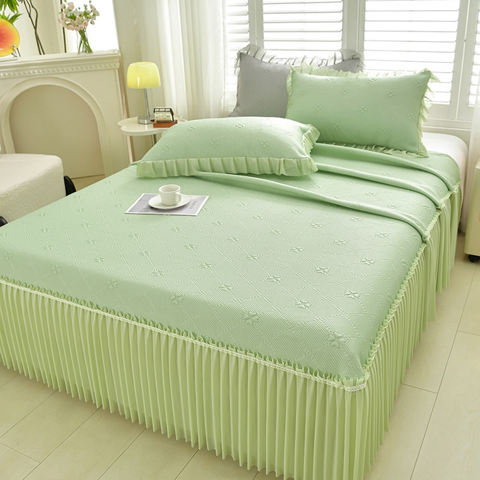 91家纺网 家纺一手货源 找家纺 畅畅家纺 2026春夏新款聚乙烯中分子凉感冰感凉豆豆凉席席子床裙三件套幸运草 幸运草-绿