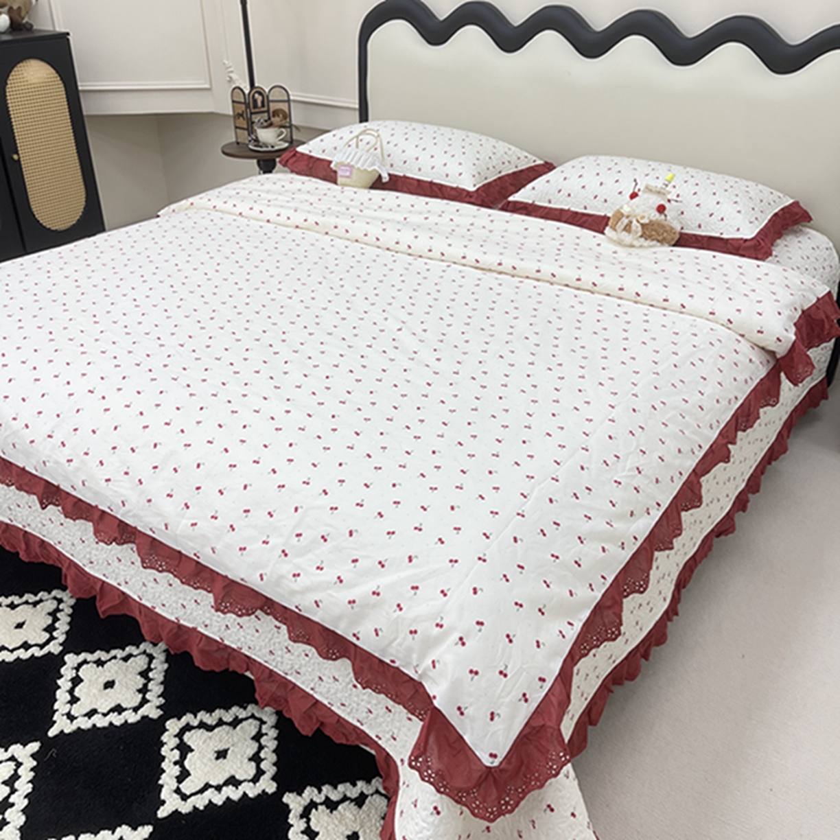 91家纺网 家纺一手货源 找家纺 禧瑞谷 2026新款法式纯棉床盖韩版花边床盖三件套四件套 小红果