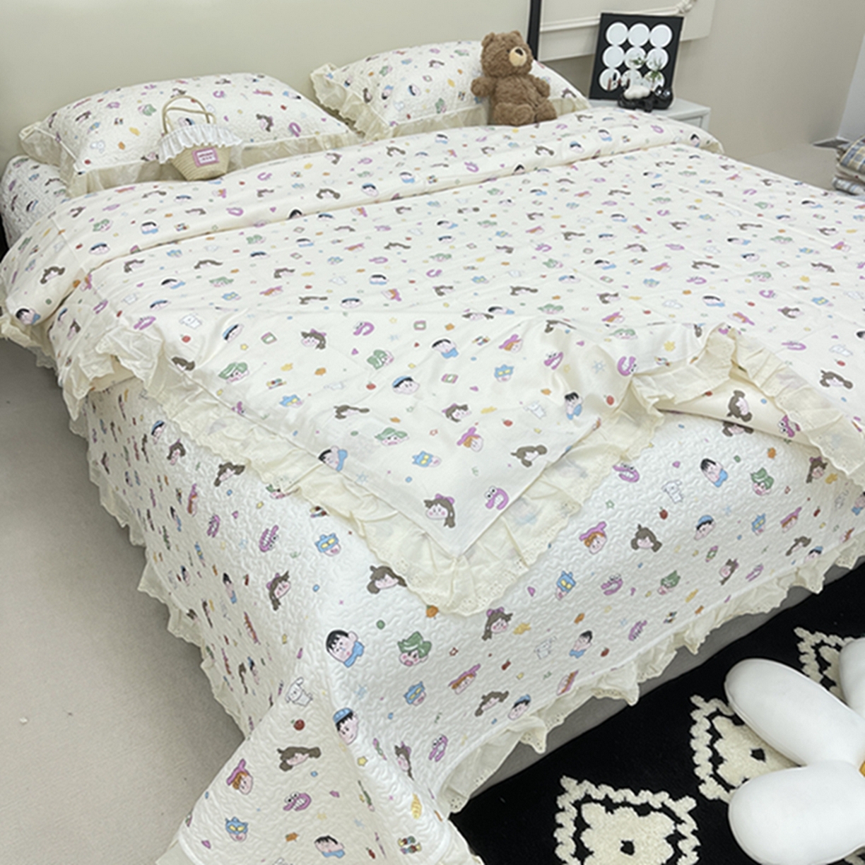 91家纺网 家纺一手货源 找家纺 禧瑞谷 2026新款法式纯棉床盖韩版花边床盖三件套四件套 小新一家