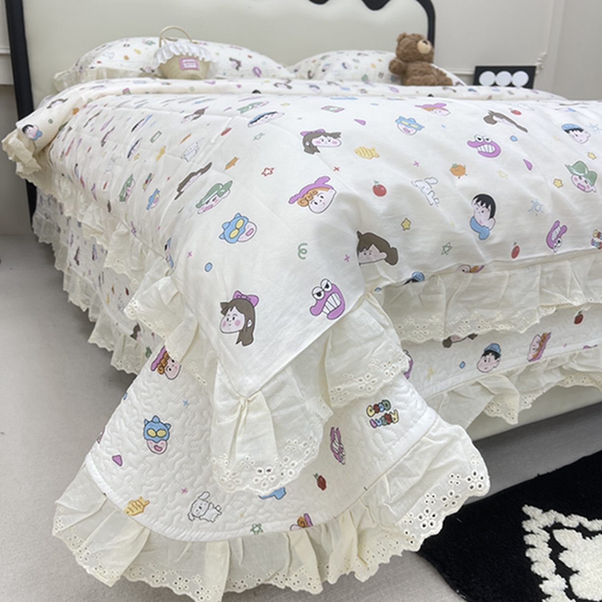 91家纺网 家纺一手货源 找家纺 禧瑞谷 2026新款法式纯棉床盖韩版花边床盖三件套四件套 小新一家