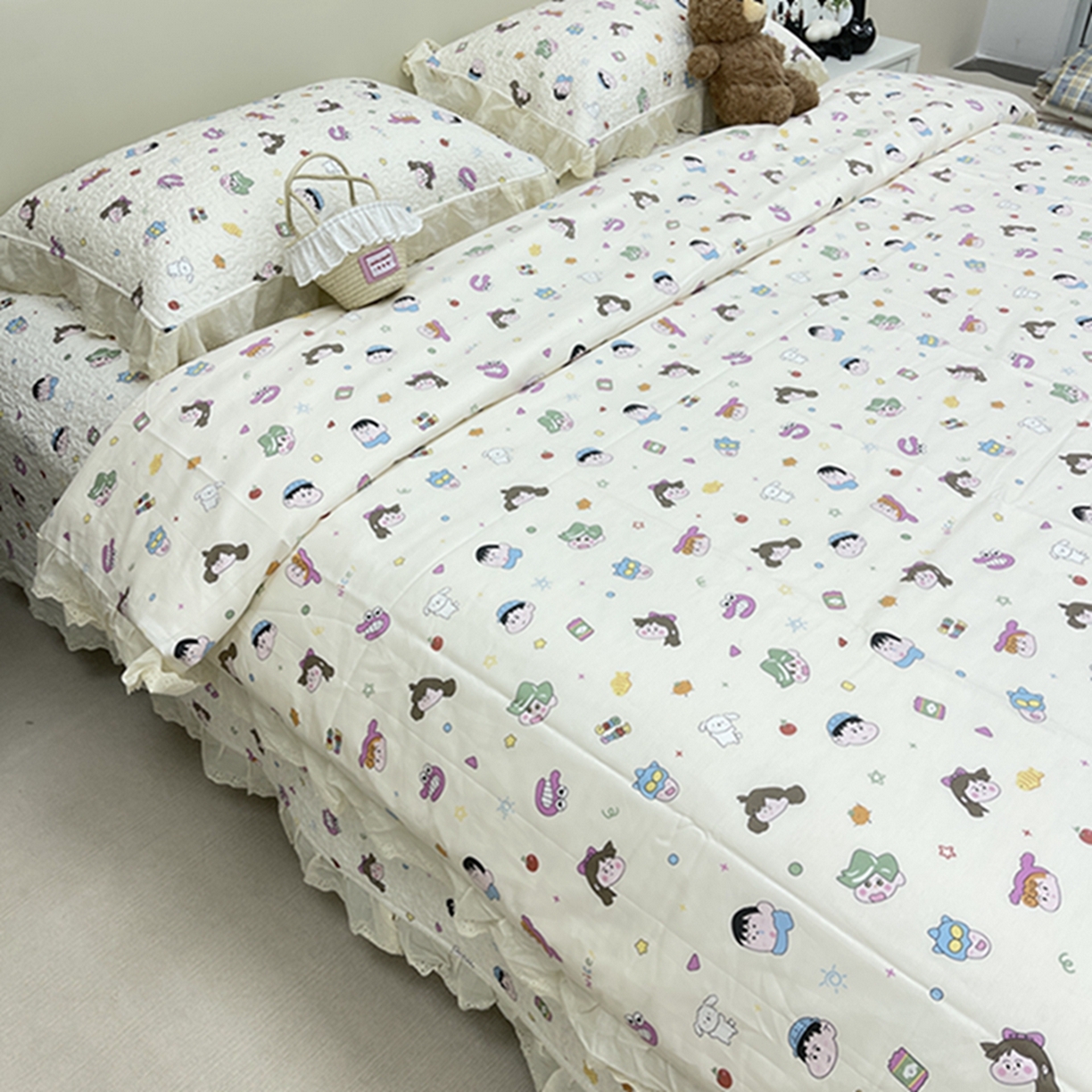 91家纺网 家纺一手货源 找家纺 禧瑞谷 2026新款法式纯棉床盖韩版花边床盖三件套四件套 小新一家