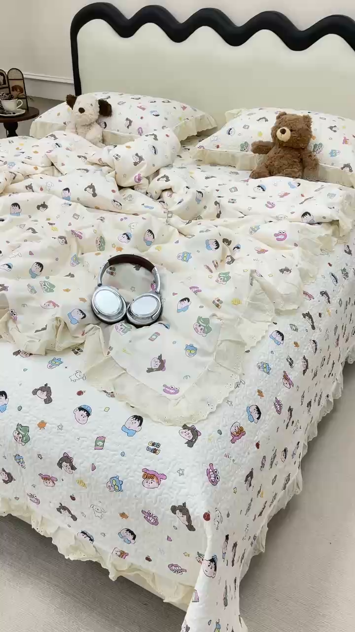 91家纺网 家纺一手货源 找家纺 禧瑞谷 2026新款法式纯棉床盖韩版花边床盖三件套四件套 小新一家