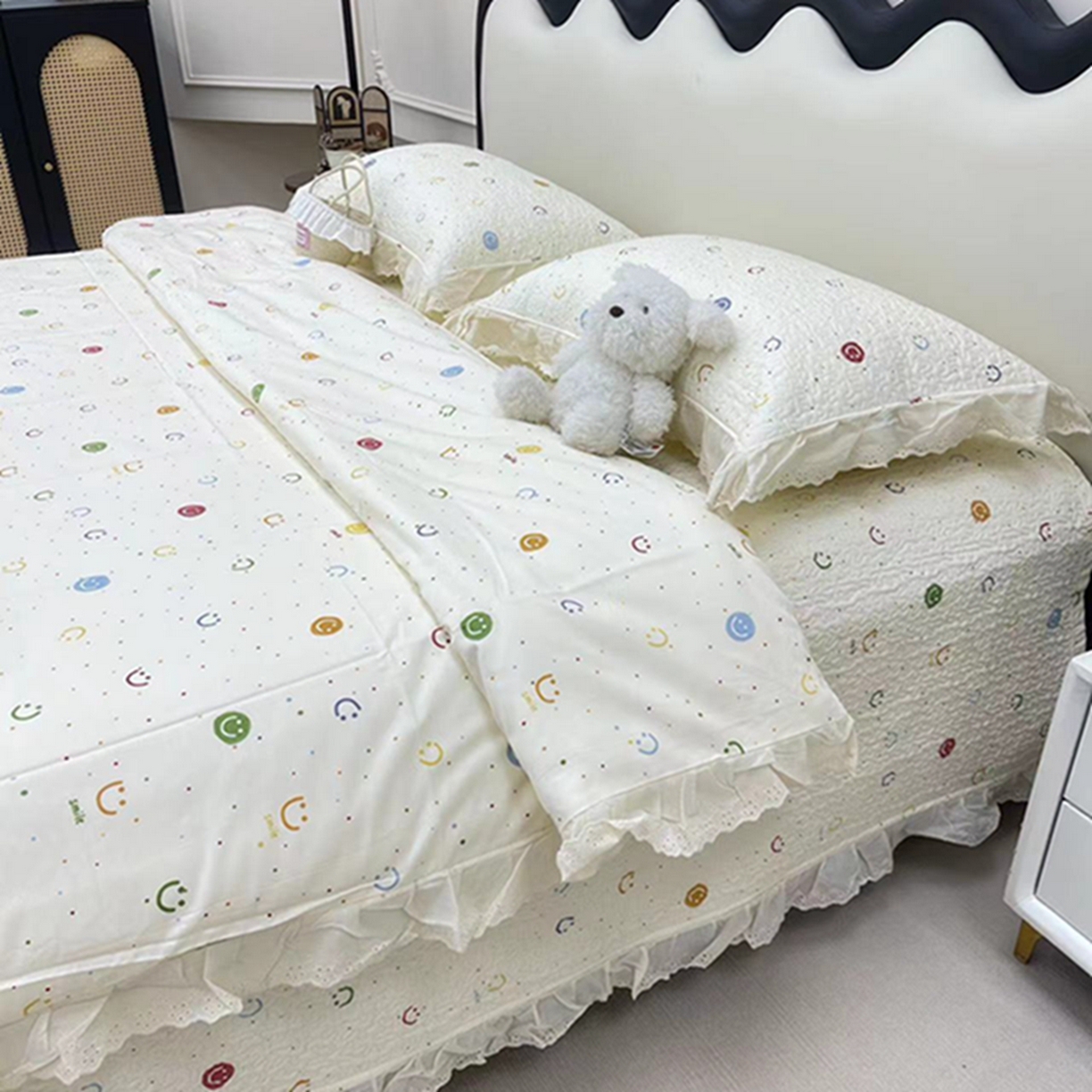 91家纺网 家纺一手货源 找家纺 禧瑞谷 2026新款法式纯棉床盖韩版花边床盖三件套四件套 笑脸