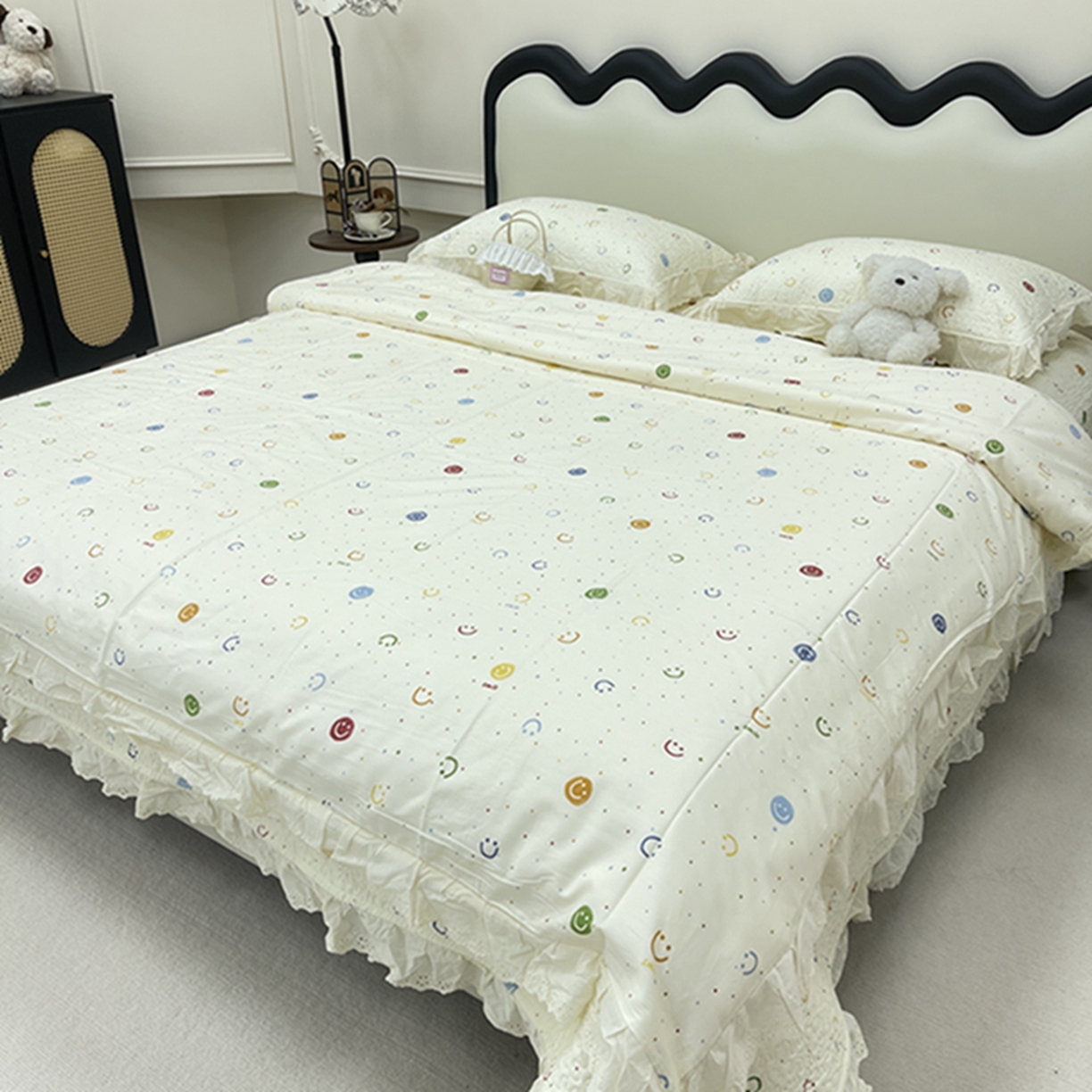 91家纺网 家纺一手货源 找家纺 禧瑞谷 2026新款法式纯棉床盖韩版花边床盖三件套四件套 笑脸