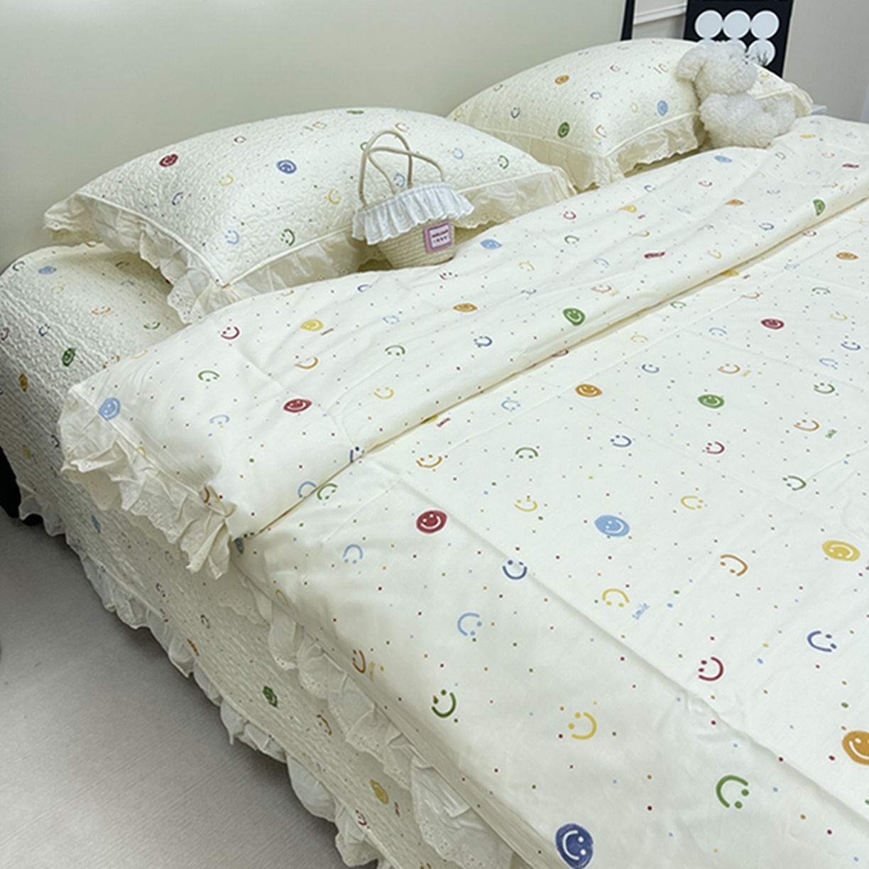 91家纺网 家纺一手货源 找家纺 禧瑞谷 2026新款法式纯棉床盖韩版花边床盖三件套四件套 笑脸