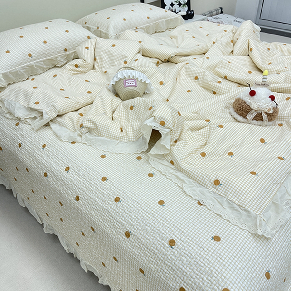 91家纺网 家纺一手货源 找家纺 禧瑞谷 2026新款法式纯棉床盖韩版花边床盖三件套四件套 心想柿成