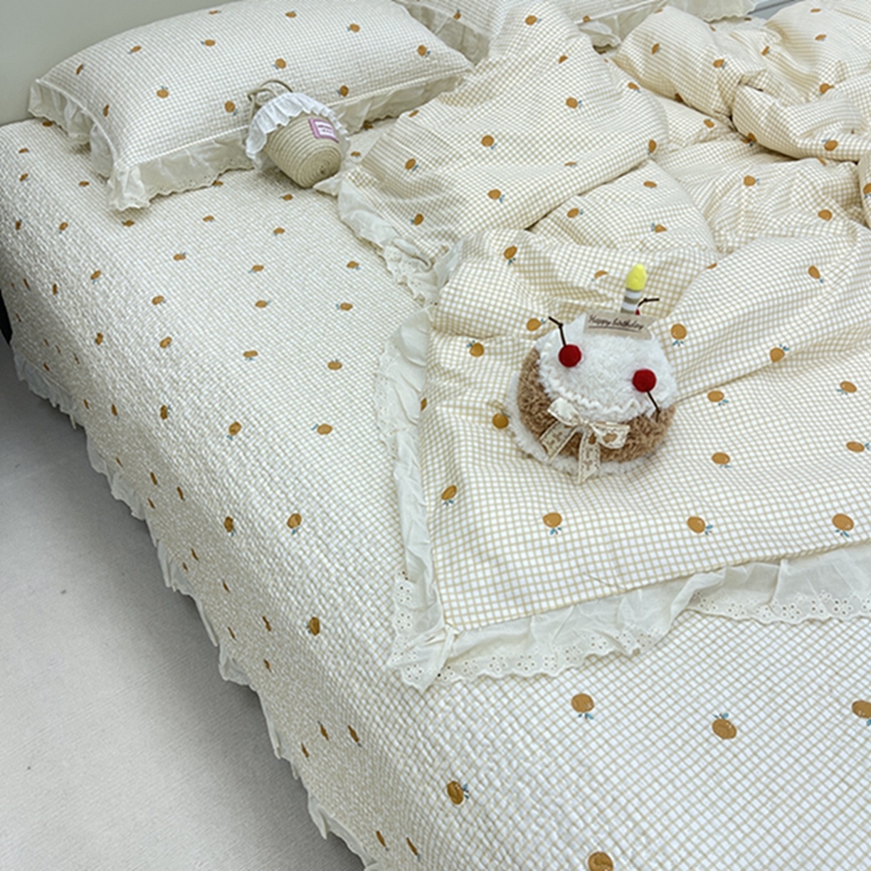 91家纺网 家纺一手货源 找家纺 禧瑞谷 2026新款法式纯棉床盖韩版花边床盖三件套四件套 心想柿成