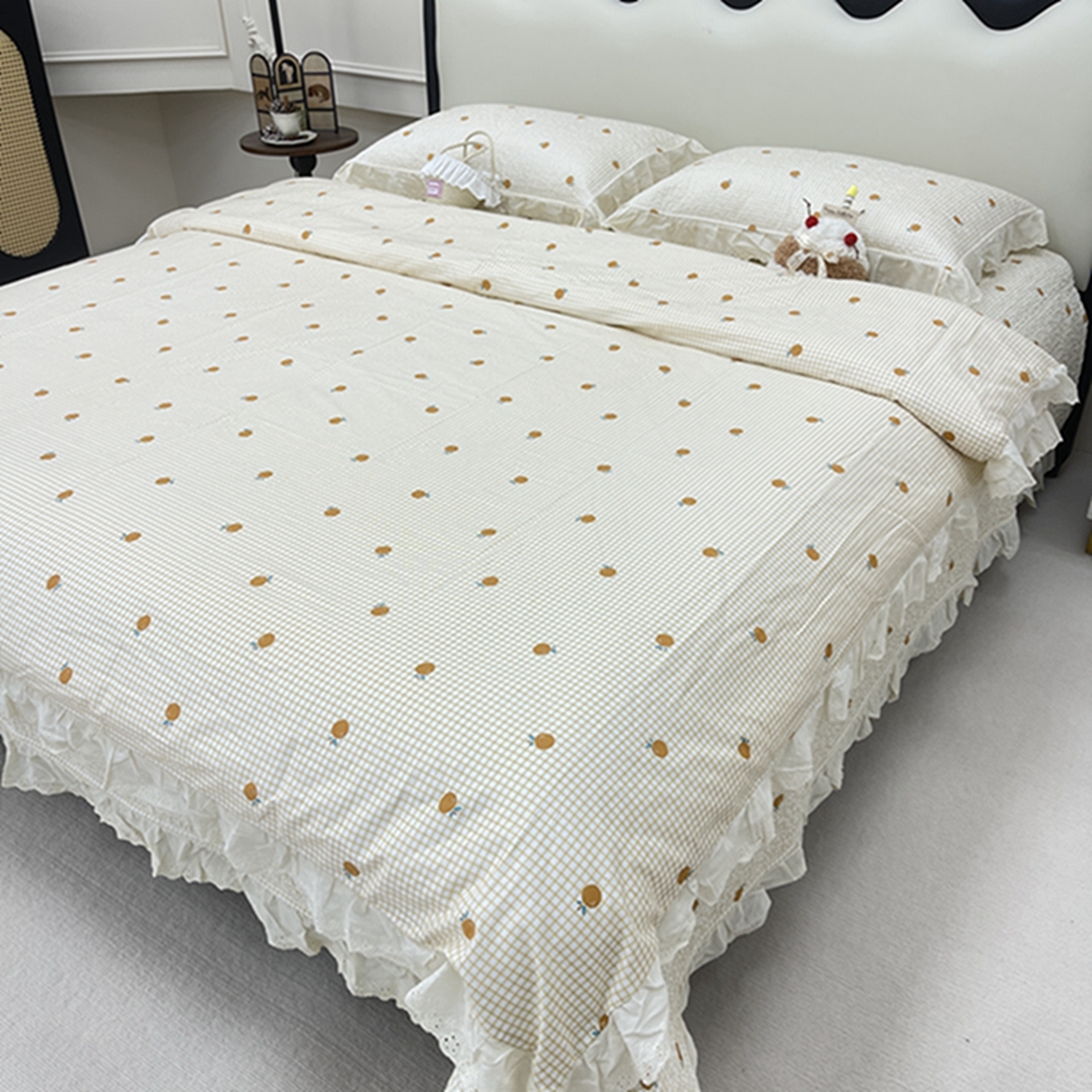 91家纺网 家纺一手货源 找家纺 禧瑞谷 2026新款法式纯棉床盖韩版花边床盖三件套四件套 心想柿成