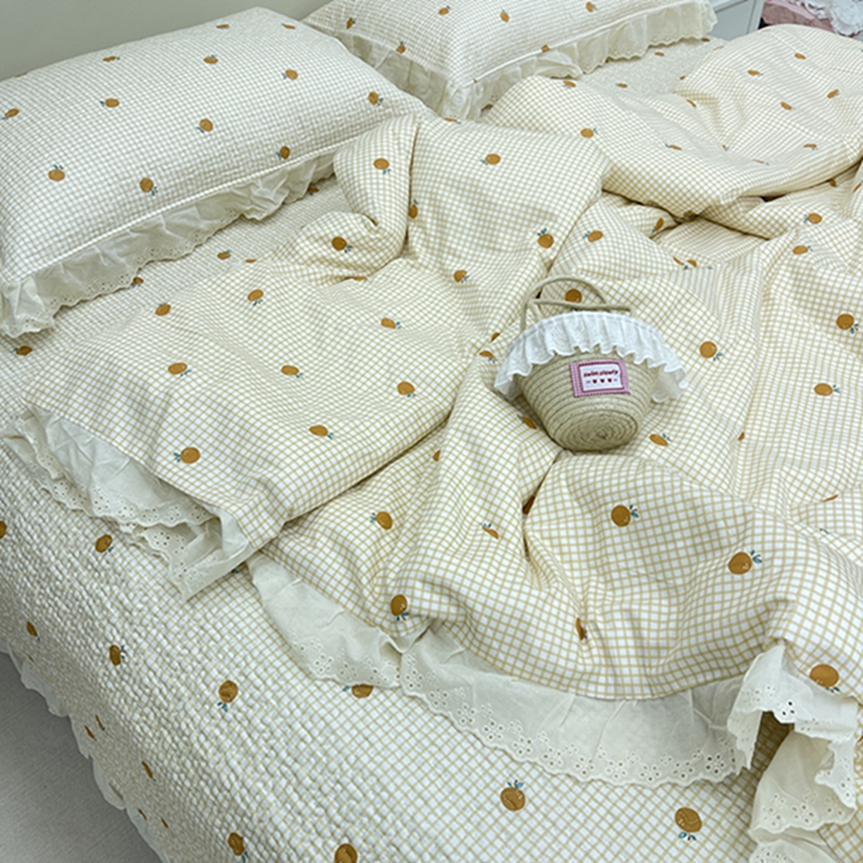 91家纺网 家纺一手货源 找家纺 禧瑞谷 2026新款法式纯棉床盖韩版花边床盖三件套四件套 心想柿成