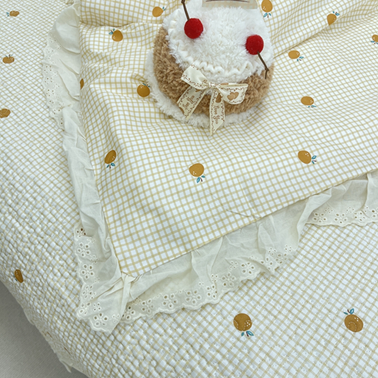 91家纺网 家纺一手货源 找家纺 禧瑞谷 2026新款法式纯棉床盖韩版花边床盖三件套四件套 心想柿成