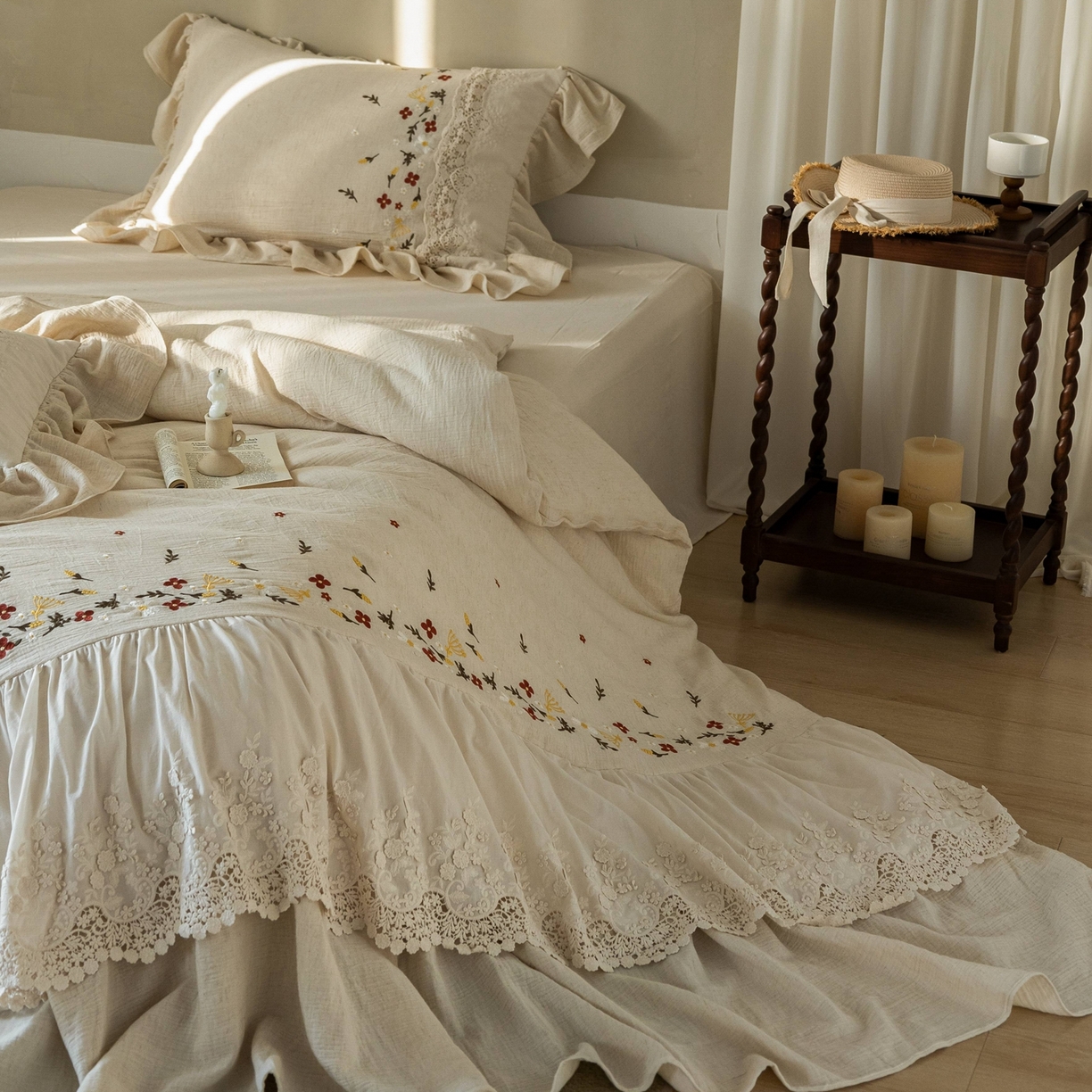 91家纺网 家纺一手货源 找家纺 觅糖家纺 2026春夏新款棉麻皱皱纱布毛巾绣四件套-清欢系列 清欢-米