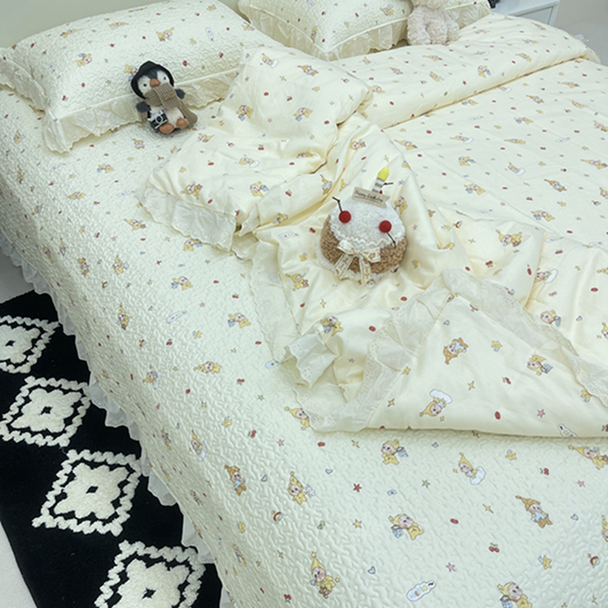 91家纺网 家纺一手货源 找家纺 禧瑞谷 2026新款法式纯棉床盖韩版花边床盖三件套四件套 星星人