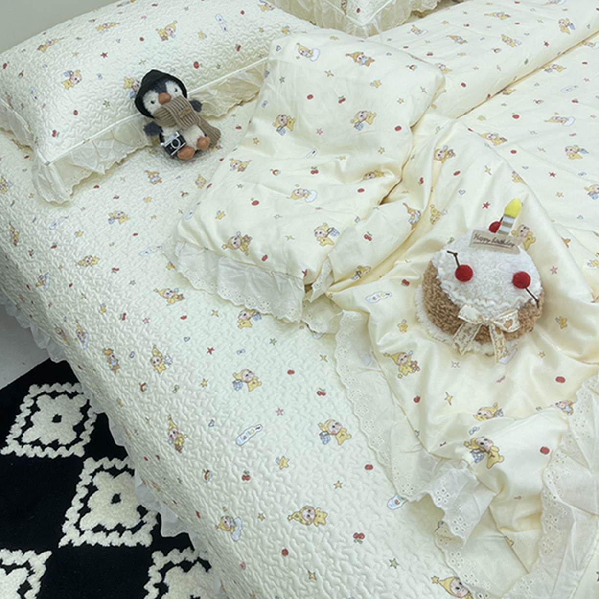 91家纺网 家纺一手货源 找家纺 禧瑞谷 2026新款法式纯棉床盖韩版花边床盖三件套四件套 星星人