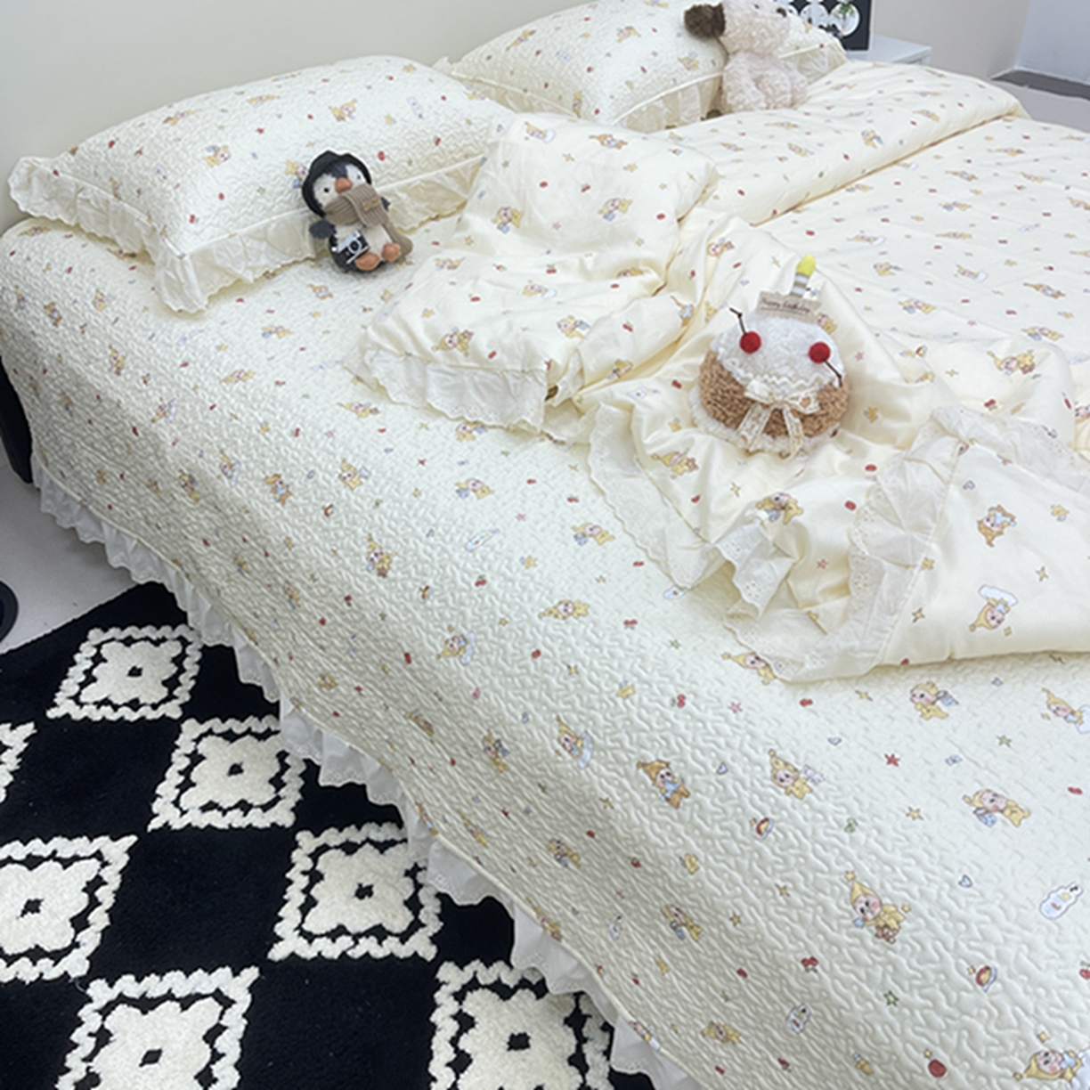 91家纺网 家纺一手货源 找家纺 禧瑞谷 2026新款法式纯棉床盖韩版花边床盖三件套四件套 星星人