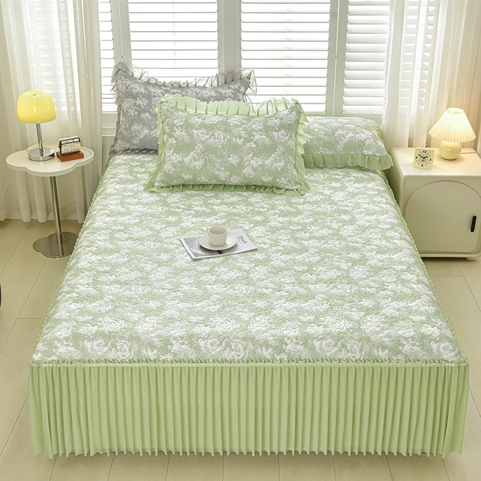 91家纺网 家纺一手货源 找家纺 （总）畅畅家纺 2026春夏新款聚乙烯中分子双面提花高克重凉感冰感凉豆豆床裙三件套-经典玫瑰