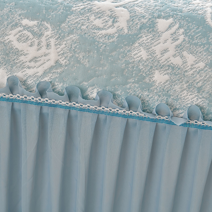 91家纺网 家纺一手货源 找家纺 畅畅家纺 2026春夏新款聚乙烯中分子双面提花高克重凉感冰感凉豆豆床裙三件套-经典玫瑰 经典玫瑰-蓝