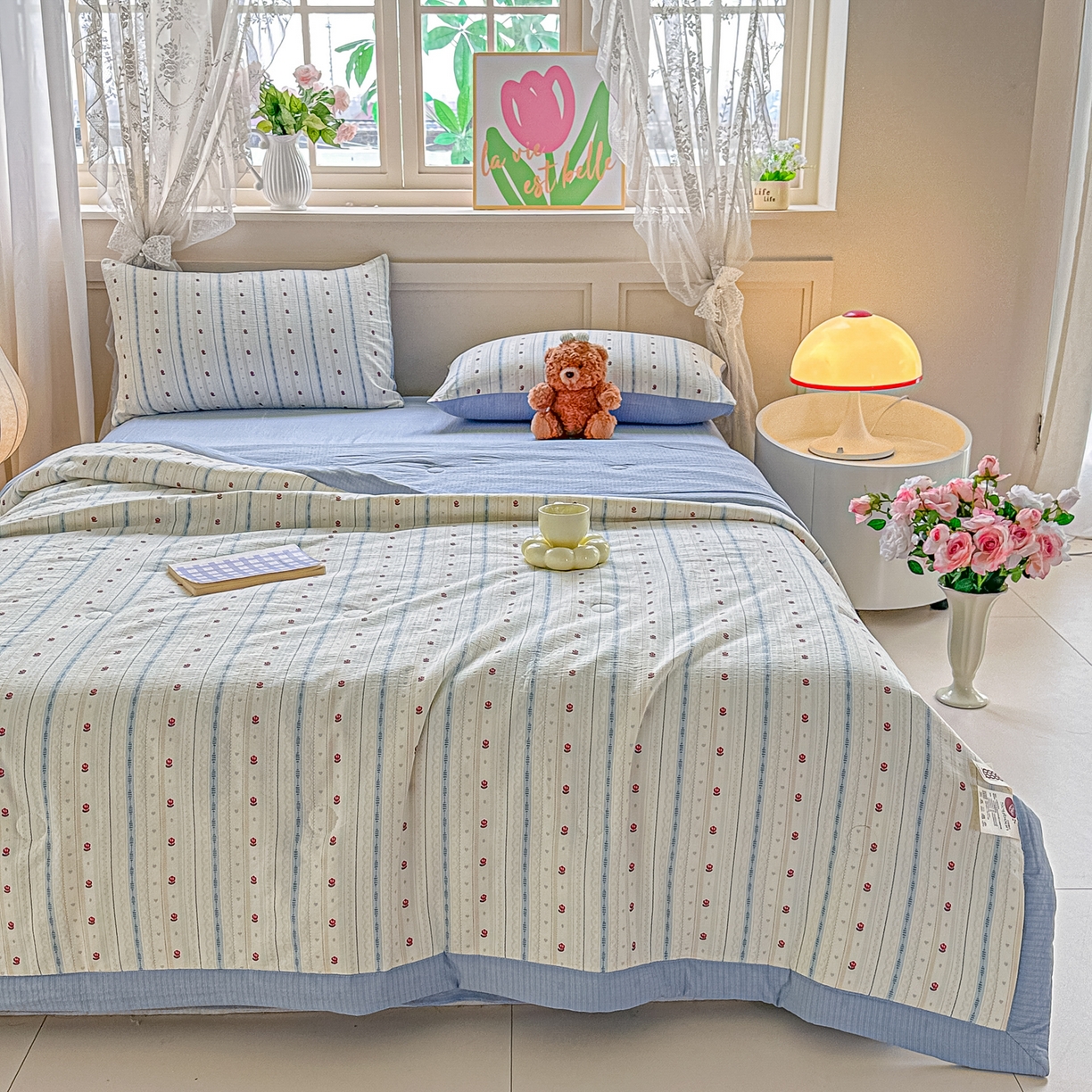 91家纺网 家纺一手货源 找家纺 秋泽家纺 2026新款A类云感双层纱大豆纤维夏凉被空调被小清新印花夏被 美好时光