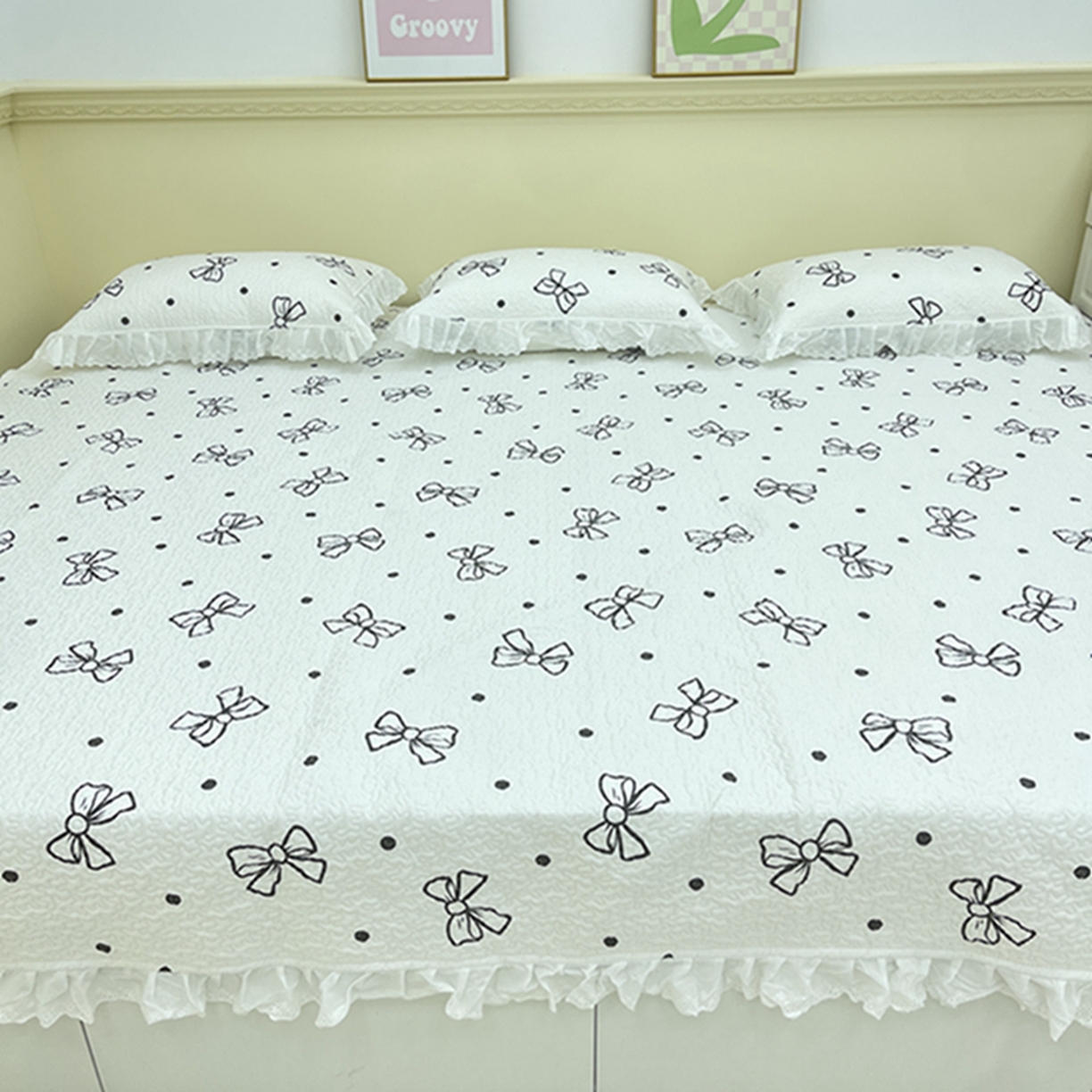 91家纺网 家纺一手货源 找家纺 禧瑞谷 2026法式纯棉绗缝全棉榻榻米床盖防滑加厚纯棉床单夹棉三件套床盖纯棉东北农大炕盖 白波点蝴蝶结