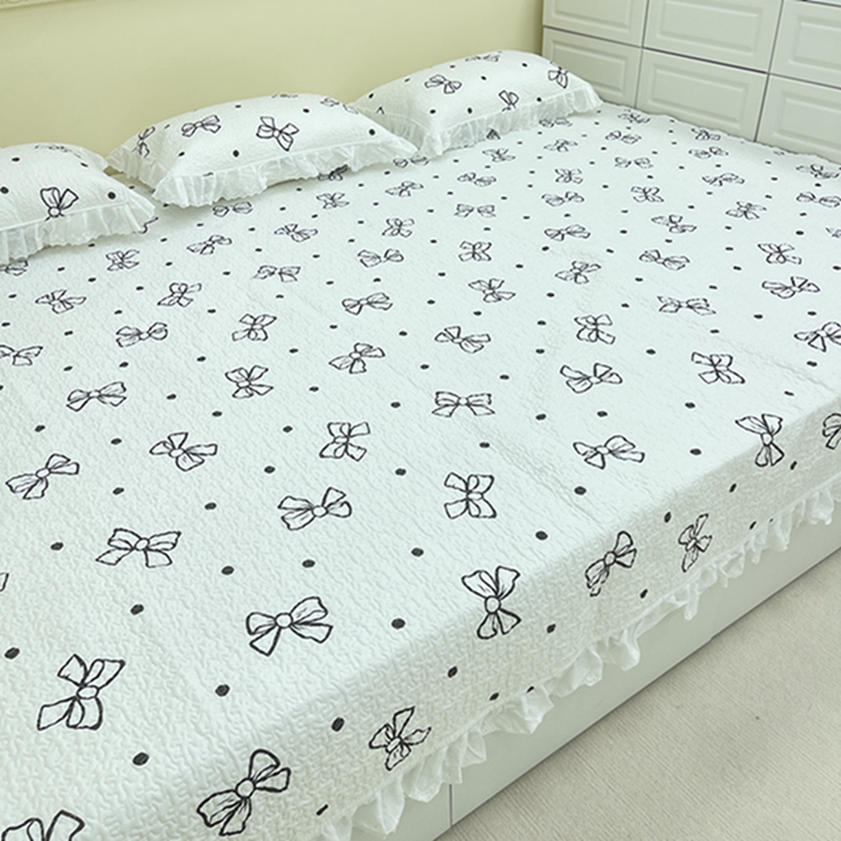 91家纺网 家纺一手货源 找家纺 禧瑞谷 2026法式纯棉绗缝全棉榻榻米床盖防滑加厚纯棉床单夹棉三件套床盖纯棉东北农大炕盖 白波点蝴蝶结