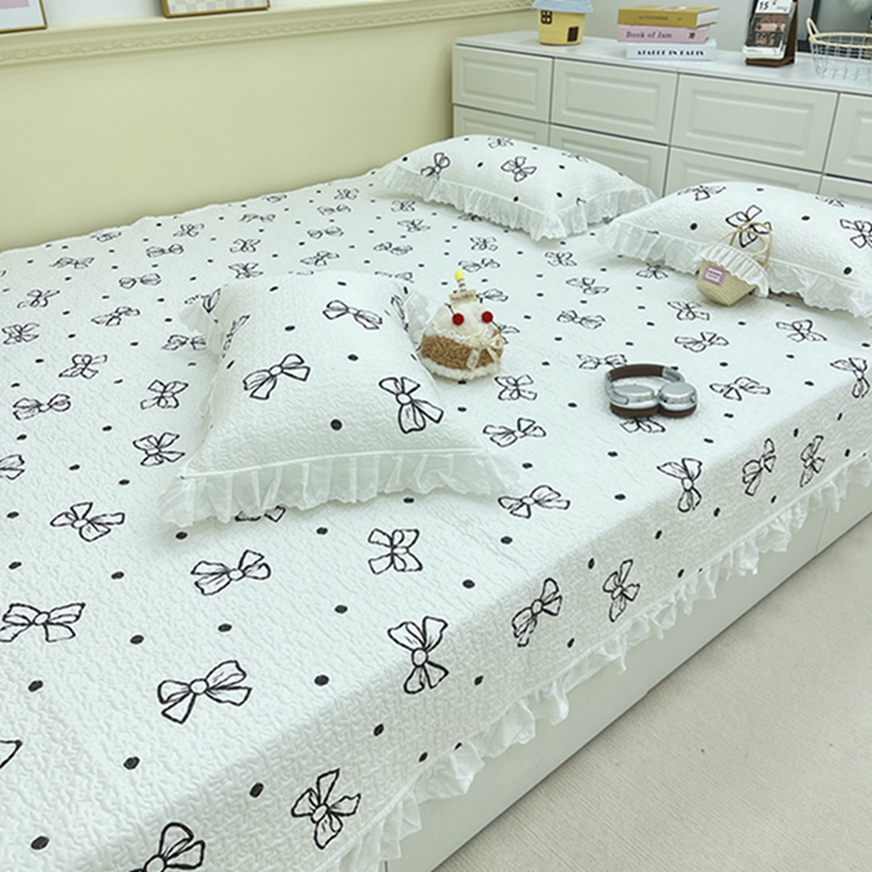 91家纺网 家纺一手货源 找家纺 禧瑞谷 2026法式纯棉绗缝全棉榻榻米床盖防滑加厚纯棉床单夹棉三件套床盖纯棉东北农大炕盖 白波点蝴蝶结