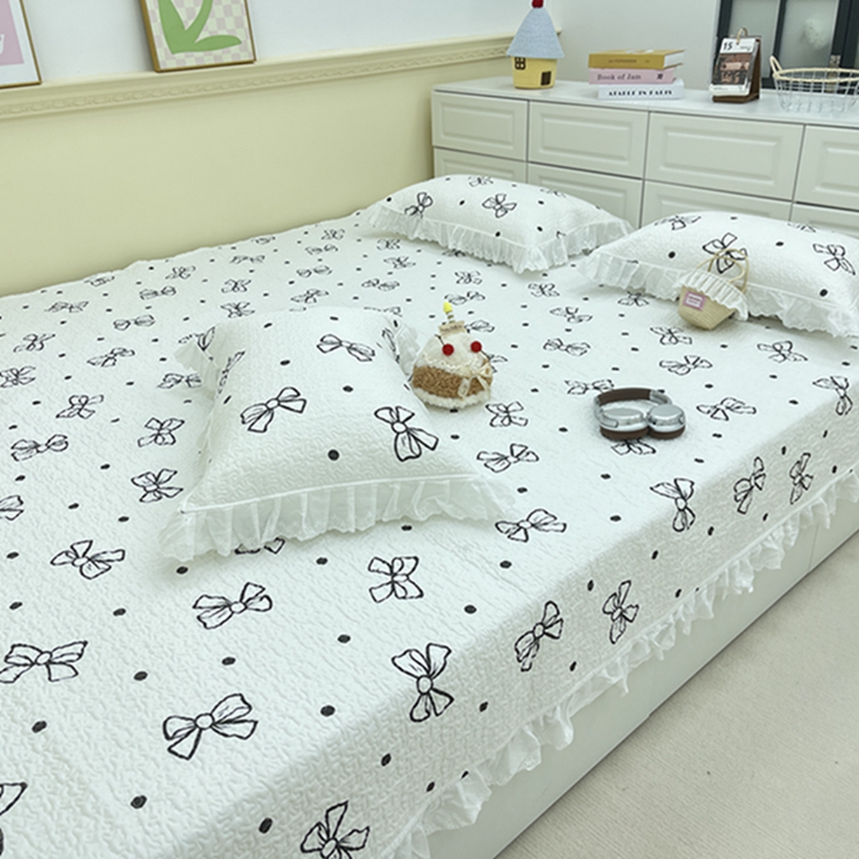 91家纺网 家纺一手货源 找家纺 禧瑞谷 2026法式纯棉绗缝全棉榻榻米床盖防滑加厚纯棉床单夹棉三件套床盖纯棉东北农大炕盖 白波点蝴蝶结