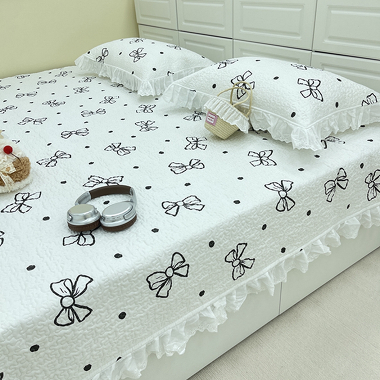 91家纺网 家纺一手货源 找家纺 禧瑞谷 2026法式纯棉绗缝全棉榻榻米床盖防滑加厚纯棉床单夹棉三件套床盖纯棉东北农大炕盖 白波点蝴蝶结