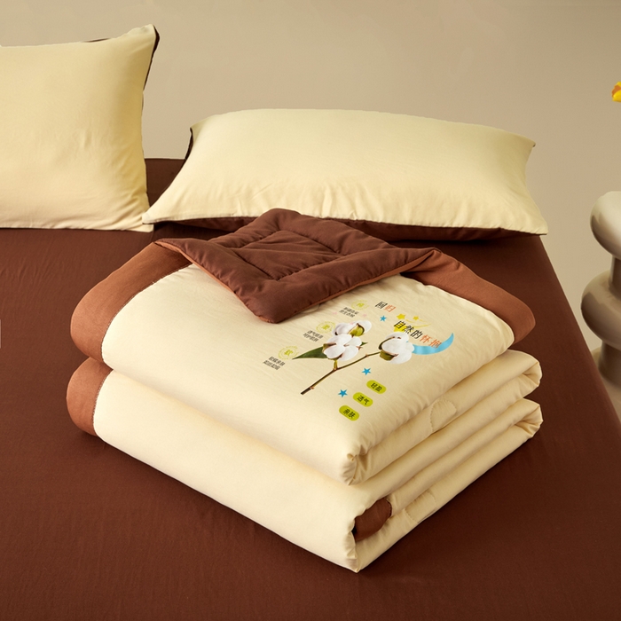 91家纺网 家纺一手货源 找家纺 卡斯诺家纺馆 2026新款水洗棉棉花夏被四件套 奶黄深咖