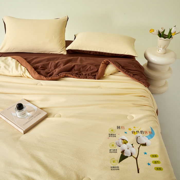 91家纺网 家纺一手货源 找家纺 卡斯诺家纺馆 2026新款水洗棉棉花夏被四件套 奶黄深咖
