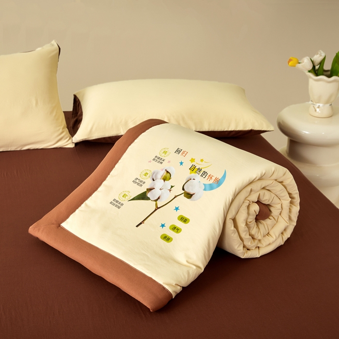 91家纺网 家纺一手货源 找家纺 卡斯诺家纺馆 2026新款水洗棉棉花夏被四件套 奶黄深咖